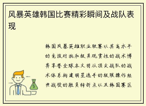 风暴英雄韩国比赛精彩瞬间及战队表现